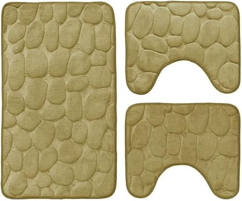 GX GARGIX Set Completo Tappetini da Bagno, 3 Pezzi, Antiscivolo e Assorbente per Bagno, WC, Bidet e Doccia Vari Colori (TBS-2/Marroncino, Set 3 Pezzi, Sassi)