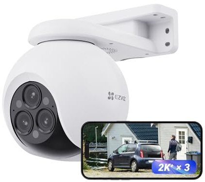 EZVIZ 12MP Övervakningskamera Utomhus WiFi Trippellins, 3×2K+ IP Wifi kamera 360°, Färgnattseende, AI-Detektion av Personer/Fordon, 12× Zoom, Siren, Vattenavvisande, Två patrulllägen, H80f Multi​