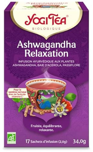 YOGI TEA Ashwagandha Relaxation Bio – Infusion Relaxante Sans Caféine – Ashwagandha, Acérola & Passiflore – Sérénité, Équilibre & Détente – 17 Sachets d’Infusion Bio