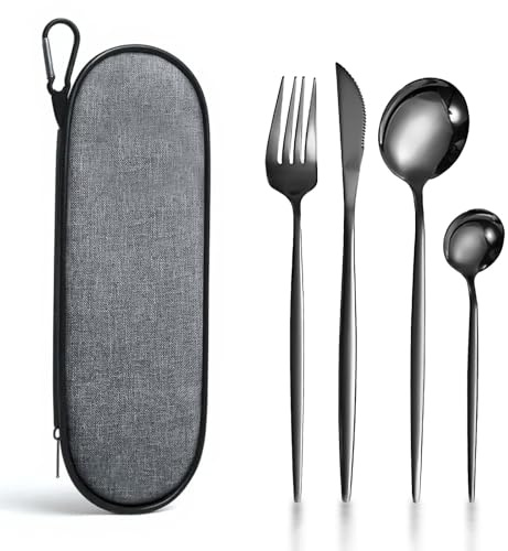 Eidsefe Travel Cutlery Set with Case, 4-Piece Reusable Stainless Steel Flatware Set Including Fork, Knife, Spoon, Portable Camping Cutlery Ideal for School, Work, Picnic, Travel & Lunchbox (Black)