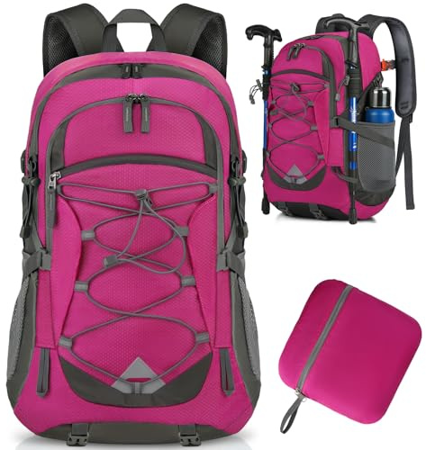 IGOLUMON Wanderrucksack Herren Damen 40L Wasserdichter Rucksack Leicht Faltbarer Reiserucksack Trekkingrucksack mit Reflexstreifen Für Radfahren, Klettern, Bergsteigen und Reisen Sport (Rose)