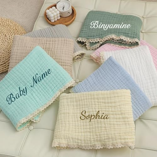 Keruidian Personalisierbare Kinderdecke, Baby-Gaze, doppellagig, Baumwolle, Fransendecke, Musselin, Wickeltuch, Babydecken, Neugeborene (Name anpassen)