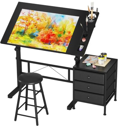 Dripex Mesa de Dibujo Profesional con Tablero Inclinable Altura Ajustable, Artista de Pintura Arquitecto Estudio Dibujo Escritorio para Computadora con Taburete y Taquillas, Color Negro