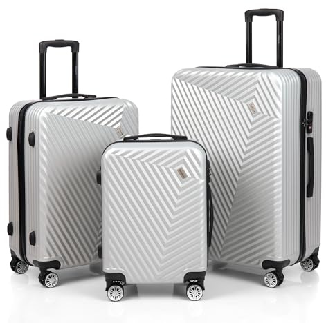 xRace 3-teiliges Kofferset ABS Hartschalenkoffer – 20/24/28 Zoll Handgepäck Trolley, 4 leise 360° Doppelrollen, TSA Schloss, stoßfest, platzsparend stapelbar, Premium Innenfutter (Silber)