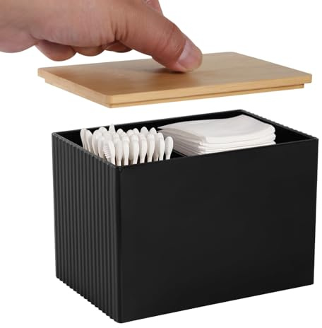 LOHOM Porta Dischetti Struccanti con Coperchio in Legno - Organizzatore Multifunzionale per Bagno, 3 Scomparti in Acrilico Rinforzato Antipolvere - Contenitore Elegante per Cotton Fioc, Cosmetici