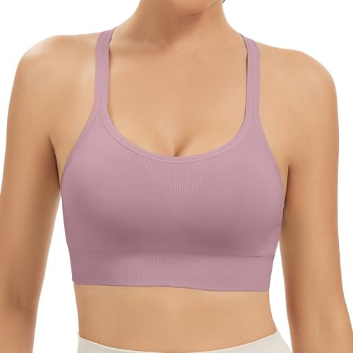 Comfyin Racerback sport-BH dam utan bygel sport bystier ovadderad bralette topp för yoga fitness, ROSA, S