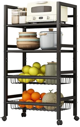 LEAIJIAFY 4-Tier Metal Rolling Cart with Removable Grid Shelves, Lockable Wheels & Handle for Kitchen, Bathroom, Office Storage, Black (Medium)