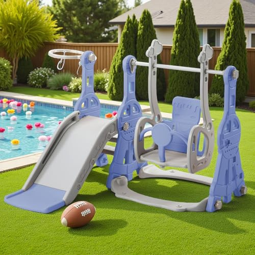 Kinderrutsche Outdoor 4-in-1,Multifunktionale Kinder Rutsche mit Schaukel,Basketballkorb und Kletterleiter,Freistehende Rutschen Für Kinder,Ideal für drinnen und draußen (Blau)