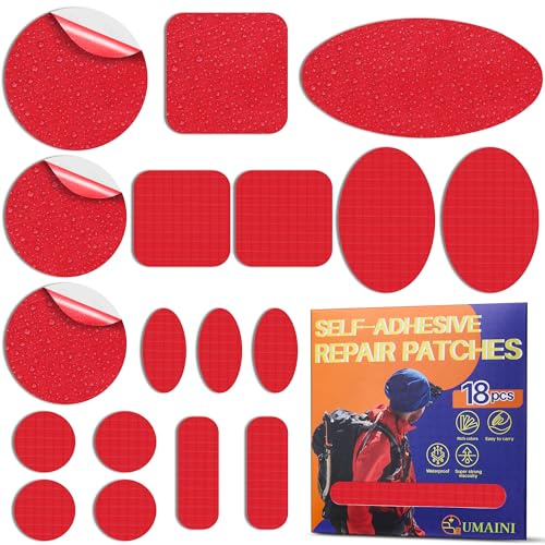 Zelt Flicken Reparaturset Selbstklebend Rot, 18 Stück Nylon Flicken Selbstklebend Stoff, Wasserdicht Daunenjacke Reparatur Patches, Zelt Reparaturset, Nylon Reparaturflicken für Jacke