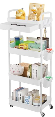 CROWNSHOP Beauty Trolley on Wheels - 4-Tier White Storage Trolley with Drawer- Kitchen Storage with Lockable Wheels | Plastic + Stainless Steel Mobile Organiser for Bathroom Office, 110x40x30cm