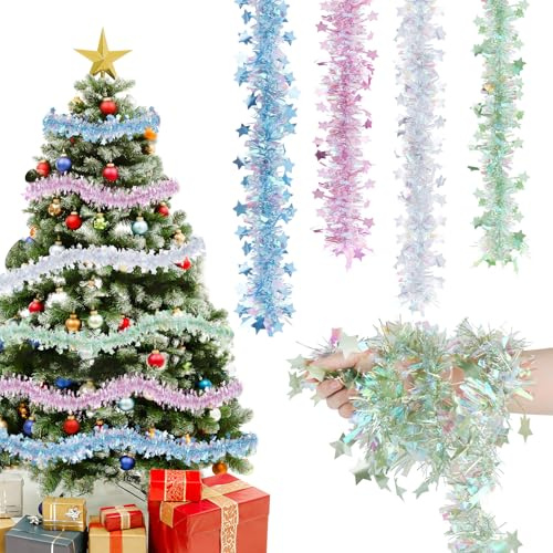 Joxessaien Lametta Weihnachtsbaum 4 Stück × 2 m – Weihnachtsgirlande 8 m Weihnachtsdeko Lametta Girlande in Gold Blau Grün Weiß – Christbaum Deko für Innen & Außen (Rot-Beeren)