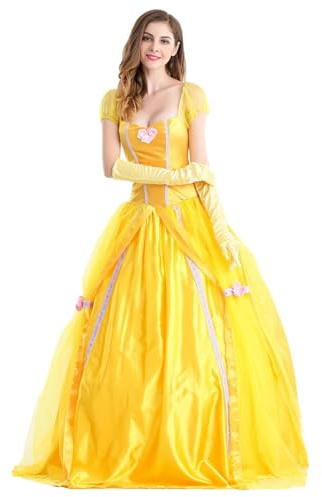 YOSICIL Princesa Belle Vestido Mujer Adulto Elegante Tutu Vestido de Noche Largo con Guantes Regalo para Cosplay Carnaval Halloween, Amarillo, L