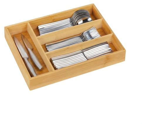 l&j Porta Posate da Cassetto in Legno di Bambù Naturale | Organizer Cucina con 4 Scomparti | Divisori per Cassetti Organizzati e Salvaspazio | Vassoio per Utensili e Posateria Misura 33 x 25 x 4 cm
