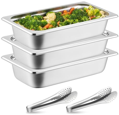 3 Stück Edelstahl Behälter mit Deckel, GN 1/3 Behälter 32,5 x 17,5 x 6,5 cm Gastronormbehälter Stapelbar Panierschalen Set mit 2 Panierzange Höhe Warmhaltebehälter Essen Panierstrasse für Schnitzel