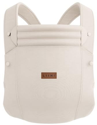 LIINI® Babytrage aus Baumwolle (Graubeige) – ab Geburt 3,5 kg bis 15 kg, ergonomisch & verstellbar, Kopfstütze, Klickverschluss – CE EN71-3 & SGS EN13209-2