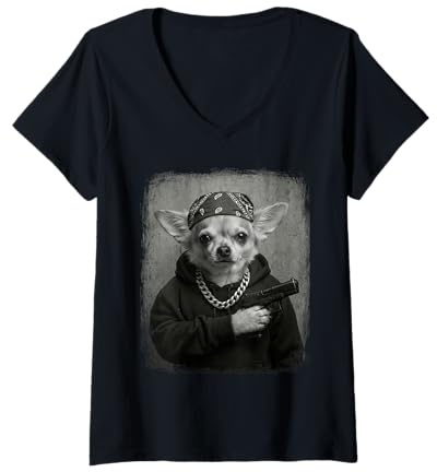 Damen Street Style Chihuahua Hund Gangster Bandana & Kette Lustig T-Shirt mit V-Ausschnitt