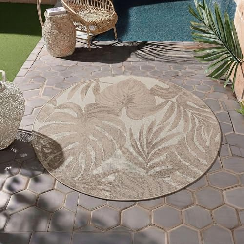 HomebyHome Outdoor Teppich Rund 80 cm Beige Wetterfest UV-beständig Pflegeleicht Palmblätter Design für Balkon Küche Flur Indoor Outdoor
