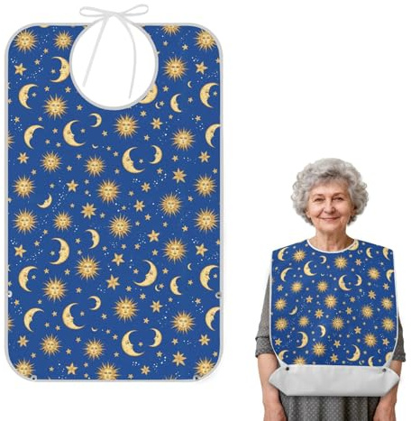 Lxqimora Sun Moon Blue Pattern Adult Bibs for Elderly Senior with Crumb Catcher Pocket Water-resistant Reusable Eating Bib Adjustable Neck Cloth Bibs for Women Men Nursing Home Care