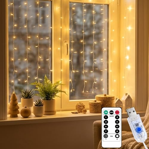 Afaiup LED Lichtervorhang Innen 1x1m,Lichterkette Vorhang mit Fernbedienung | 8 Modi & Dimmbar, 100 LEDs Lichtervorhang innen für Wand, Balkon, Schlafzimmer, Weihnachten & Ramadan Deko