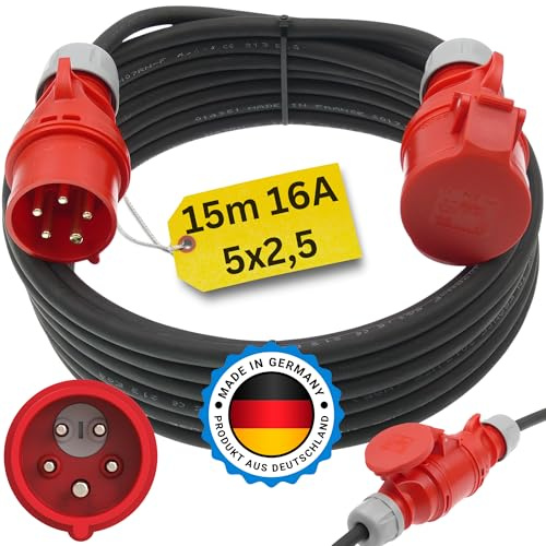 Starkstromkabel 16A 15m mit Phasenwender H07RN-F 5x2,5 Starkstrom Verlängerungskabel CEE Verlängerung 16 Ampere Kabel 5x2,5mm2 Baustelle Werkstatt Industrie Geeignet Outdoor IP44
