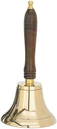 Große und schwere Handglocke aus massivem Messing, Schulglocke mit Holzgriff, 27,9 cm (H) 12,7 cm (T)