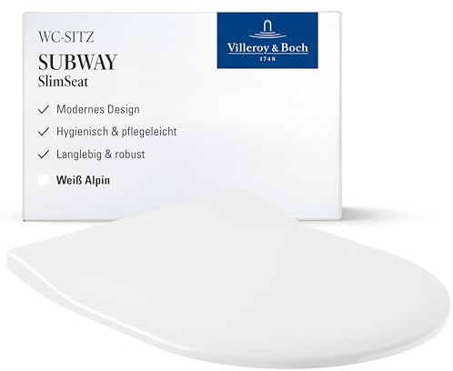 Villeroy & Boch Subway SlimSeat WC-Sitz, D-Form – Weiß Alpin, glänzend | Mit Edelstahl-Scharnieren, ultraflach, aus bruchsicherem Duroplast, Original Ersatzteil, 9M656101