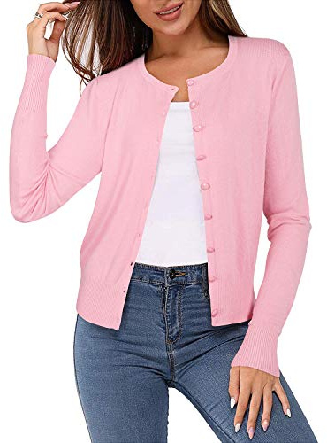 Newshows Women's Solid Button Down Long Sleeve Classic Crew Neck Knit Cardigan Sweater(Pink,Small)
