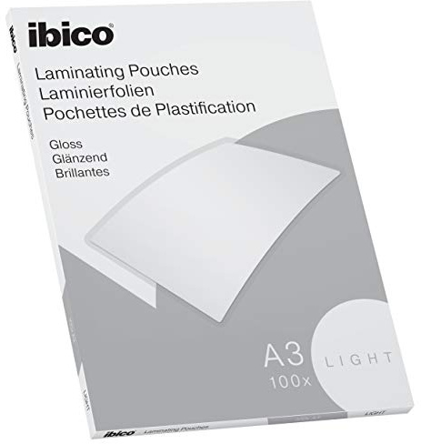 Ibico Basics Laminierfolien A3 Leicht, Heißlaminierfolien glänzend, 100 Stück, Extra Dünn, Transparent, Kristallklar, Runde Ecken, Ideal für Schule oder Büro, 627311