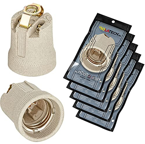 ISOLATECH 5x Casquillo E27 de Cerámica con Soporte y Rosca Interna M10x1 | Máx. 250V/4A, Para bombillas LED y de bajo consumo, Resistente al calor, Para techo, baño y cocina