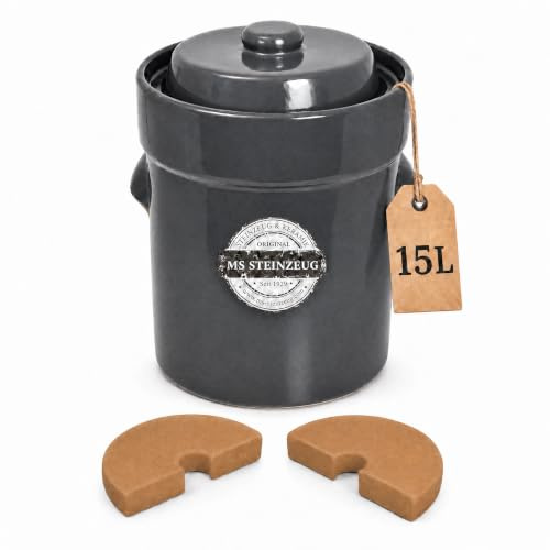 MS-Steinzeug Gärtopf 15 L, Grau, Sauerkrauttopf mit Beschwerungssteinen | Fermentiertopf aus Steinzeug mit Deckel - mit Rezepten für Sauerkraut, Gurken & Bohnen - ohne Chemie, natürlich fermentieren