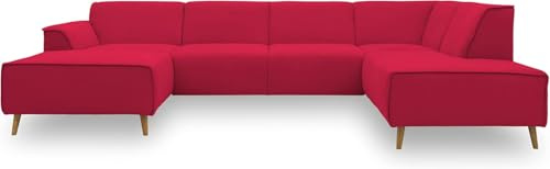 DOMO. collection Wohnlandschaft Jules FK, skandinavisches Sofa mit Federkern, Couch in U-Form mit Holzfüßen, 333 x 191 x 81 cm (BxTxH), Longchair links, rot