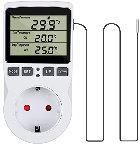 CJBIN Temperaturregler Steckdose 230V mit Fühler, Digital Thermostat Steckdose Temperaturschalter mit Timer und Sonde, Steckdosenthermostat für Gewächshaus Terrarium Aquarium Heizung Kühlung