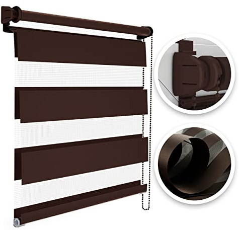 Estika Doppelrollo Montage ohne Bohren - Stoffbreite: 135 cm, Höhe: 150 cm, Farbe: Braun - Tag und Nacht Duo Rollo