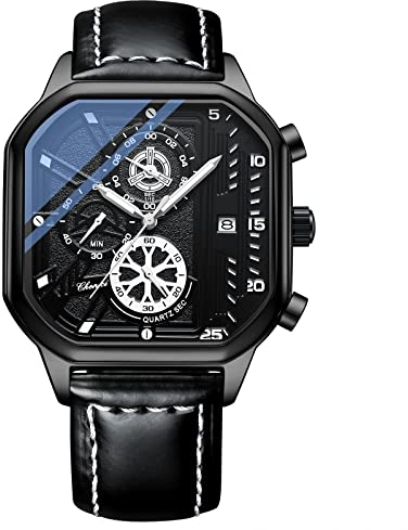 JewelryWe Watches for Men Square Analog Luminous Hands Quartz Calendar Watch Cool Leather Strap Wristwatch