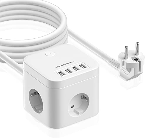 Steckdosenwürfel mit USB, 3 Fach Steckdosen und 4 USB Ladegerät Anschluss, 7 n 1 Mehrfachsteckdose mit Schalter mit 2M Verlängerungskabe für Zuhause, Büro, Reisen, Weiß