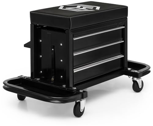 M-AUTO Rolling Mechanic Stool Garage Toolbox Stool Tool Chest Seat w/Wheels, 350LBS Capacity Padded Mechanic Stool Creeper Seat w/Drawers & Side Tool Trays for Home Garage and Workshop, Black