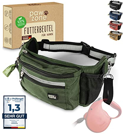 PAWZONE Futterbeutel Hunde - Leckerlibeutel für Hunde - Bauchtasche für Hunde Zubehör - Leckerlitasche für Hunde - Inkl. Reflektorband & Zusatzgurt für Flexileine (Olivgrün)