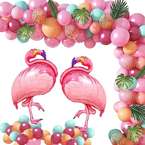Hawaii Deko Flamingo Ballons, Tropische Luftballon Girlande Flamingo Tropical Balloon mit Geburtstags Banner, Palmblatt Hawaiian Luftballons für Luau Sommer Tropische Themen Party Dekoration