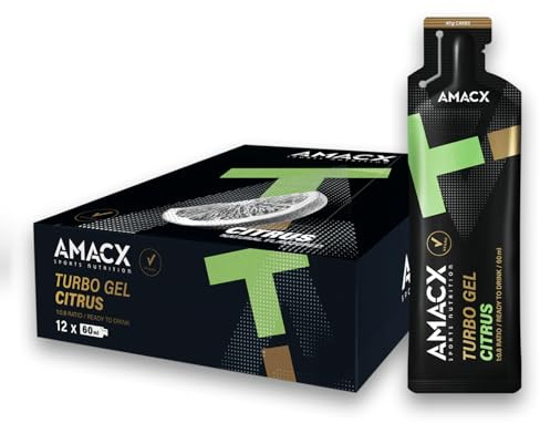 AMACX Turbo Energy Gel für Ausdauersportler, 12 x 60ml, 200mg Natrium, 40g Carbs, schnell absorbierbares Sport Gel, Elektrolyte Energiegel mit Kohlenhydratverhältnis 1:0.8 – Zitrus