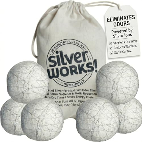 SilverWorks! Wool Dryer Balls Laundry Reusable - Odor Eliminating Dryer Laundry Balls with Silver Technology - Natural Fabric Softener and Static Reducer, Reduce Drying Time and Energy Costs - 6 Pack