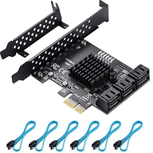ASM1166 PCIe 3.0 x1 SATA III 6Gbps Expansion Card - 6 Ports + 6 Cables | Compatible with Win10 / Ubuntu | Plug and Play | Hot Swap | LED Monitor Signal Light | AHCI/IDE Mode