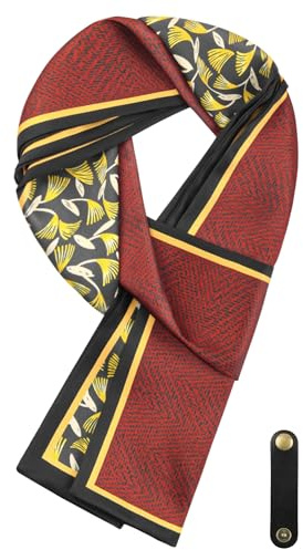 WANYING Sciarpa da uomo in seta sintetica Ascot sciarpa cravatta multifunzione sciarpa lunga con loop in pelle multiuso, 16 x 149 cm, motivo stampato, Colore rosso mattone e oro, 16 x 149 cm