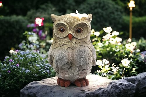Arnusa Solar Gartenfigur Eule Skulptur mit Solarbeleuchtung 35 cm groß Steinoptik Gartendeko Solarlampe Grau Kunststein für Außenbereich Outdoor wetterfest
