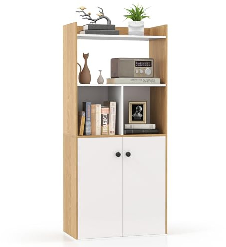 COSTWAY Bücherregal mit Doppeltürschrank, 3-stöckiges Standregal mit offenen Fächern, freistehender Bücherschrank für Wohnzimmer, Arbeitszimmer, Küche, Aufbewahrungsschrank 60 x 30 x 133 cm (Natur)