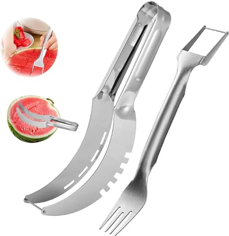 SSKHE 2Pcs Stainless Steel Fruit Slicer, 2 in 1 Double Head Fruit Fork, Watermelon Slicer Cutting Tool, Dragon Fruit Papaya Watermelon Cutting Fork