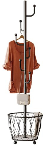 SINBINTA Metall-Kleiderständer, Kleiderbaum-Aufhänger mit Aufbewahrungskorb und 6 Haken, Freistehender Kleiderständer für Zuhause, Büro, Eingangsbereich, Flur (Schwarz)