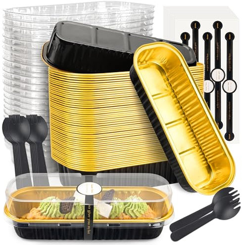 NPLUX Mini moldes para pan con tapas y cucharas rectangulares de aluminio para hornear, mini recipientes para tartas de queso, 6.7 onzas (paquete de 60, negro dorado)