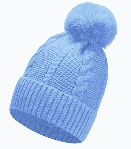 Gadgets Mafia Gorro de invierno para mujer y niña, con forro de piel, con pompón de piel sintética para mujer, azul celeste, Talla única