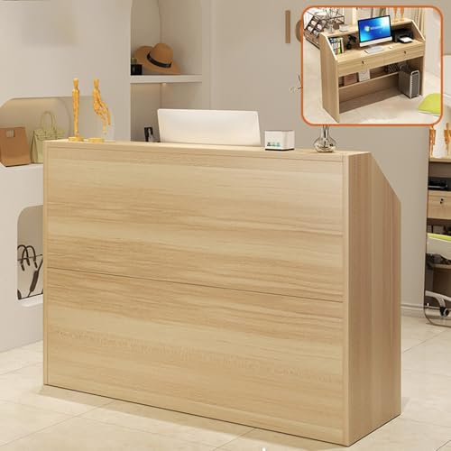 Moderne Empfangstheke mit abschließbaren Schubladen für kleine Räume, private Paneele für Kasse, Lobby, Salon, Einzelhandel, Geschäft, Klinik, Büro, Schönheitssalon (helles Walnuss)