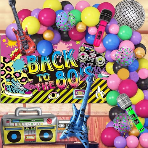 80s 90s Theme Party Decorations, Disco Rock Theme Ball Balloon Garland Arch Kit with Rainbow Balloons Boombox Bass Guitar Microphone Foil Balloons for 80s 90s Theme Birthday Anniversary Party Supplies